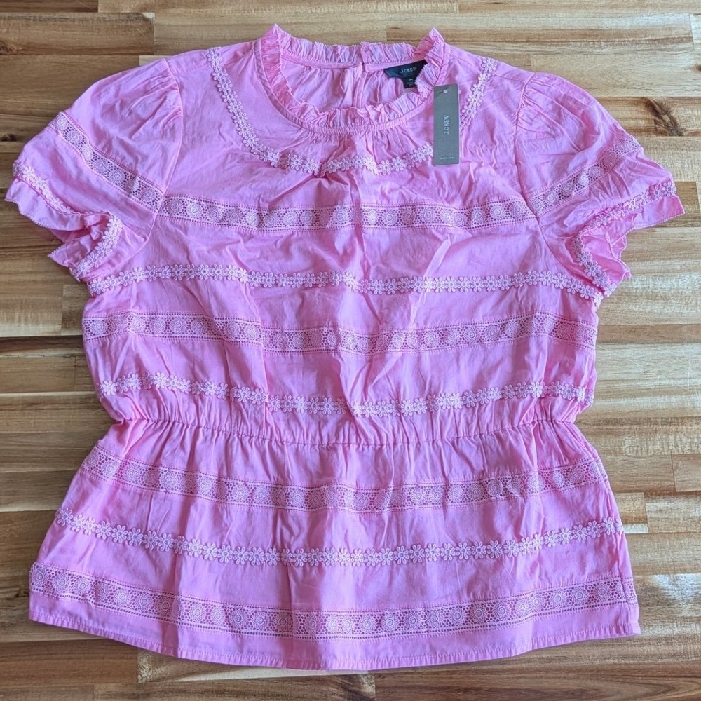 J.Crew NEW Pink Eyelet Lace Peplum Top Ruffle Neck Short Sleeve Women's Medium